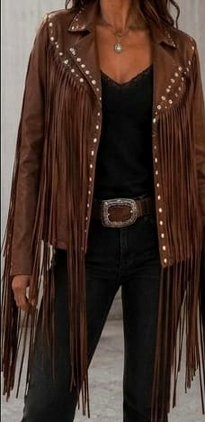 Women's Brown Fringe Leather Jacket – Western Style with Studs view 3