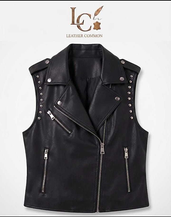 Women's Studded Leather Biker Vest | Slim Fit Moto Waistcoat view 4