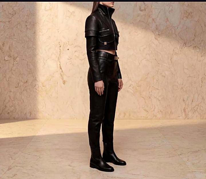 Black Leather Cropped Jacket and Pants Set – Biker Style view 3