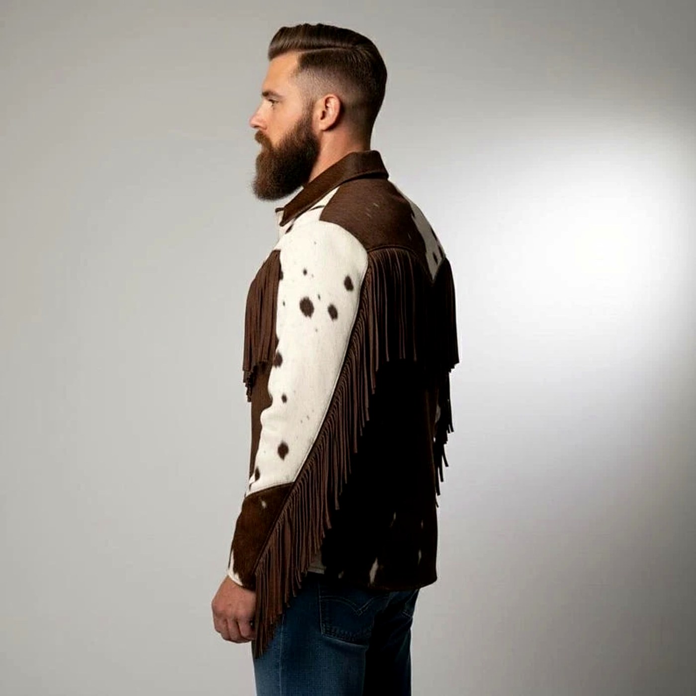 Men's Natural Hair Cowhide Fringe Leather Jacket view 3