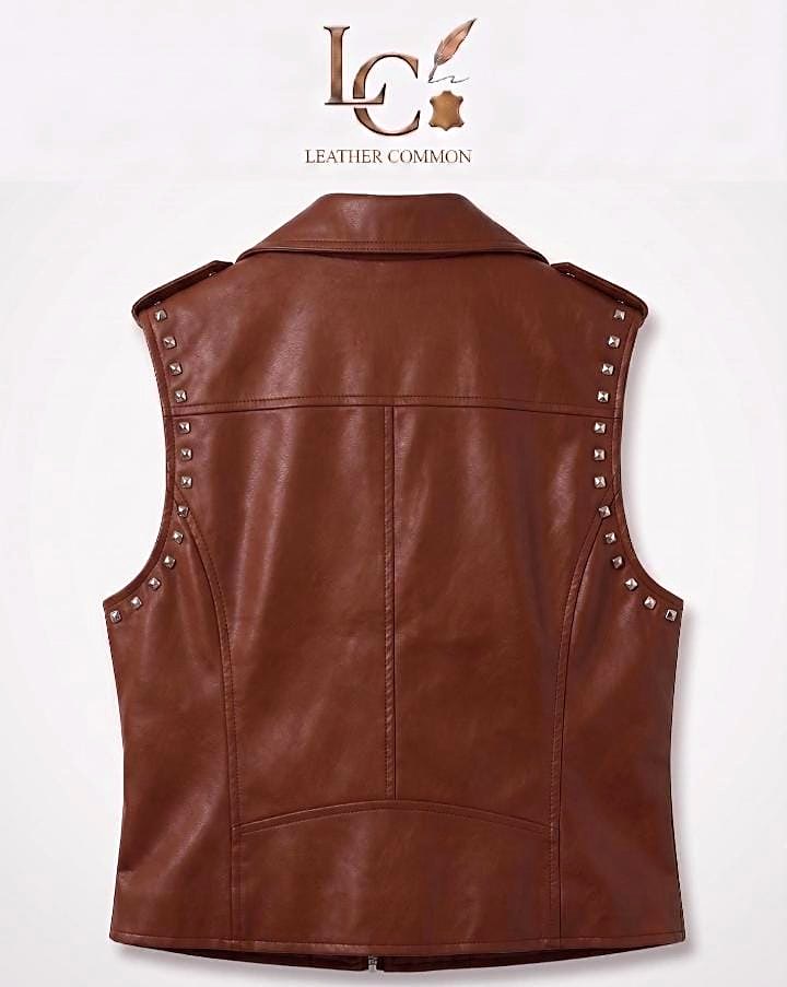 Women's Cowhide Leather Biker Vest | Sleeveless Moto Gilet view 2