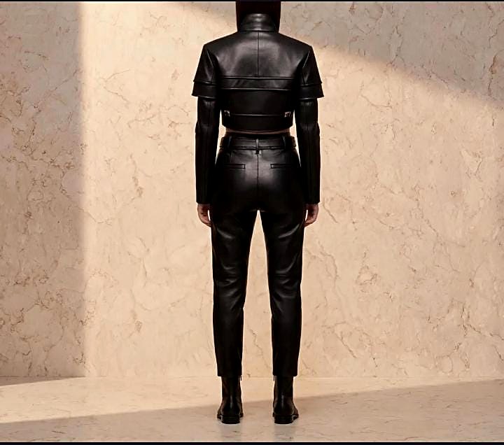 Black Leather Cropped Jacket and Pants Set – Biker Style view 4