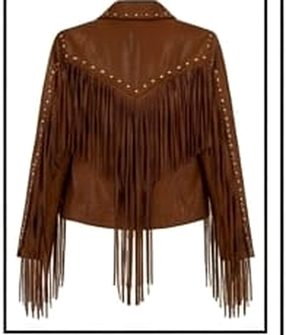 Women's Brown Fringe Leather Jacket – Western Style with Studs view 2