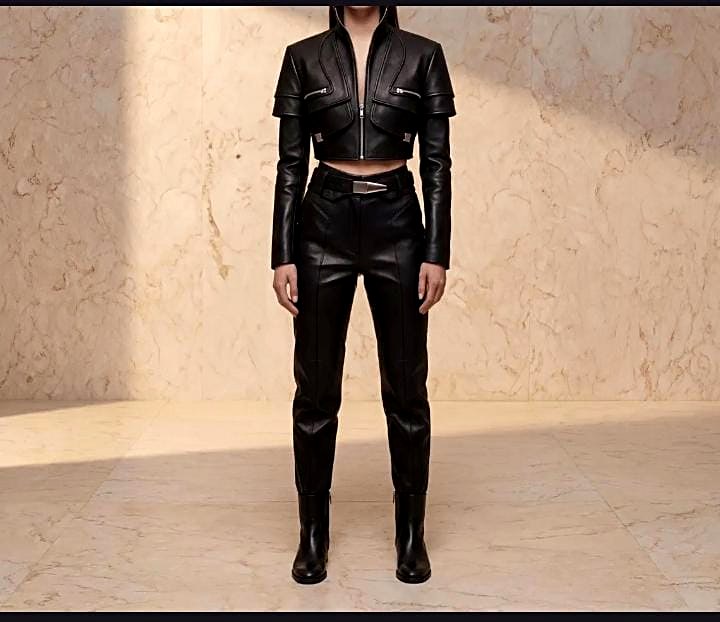 Black Leather Cropped Jacket and Pants Set – Biker Style — premium two-piece set in genuine leather