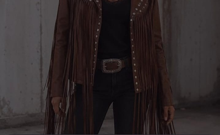 Women's Brown Fringe Leather Jacket – Western Style with Studs view 4