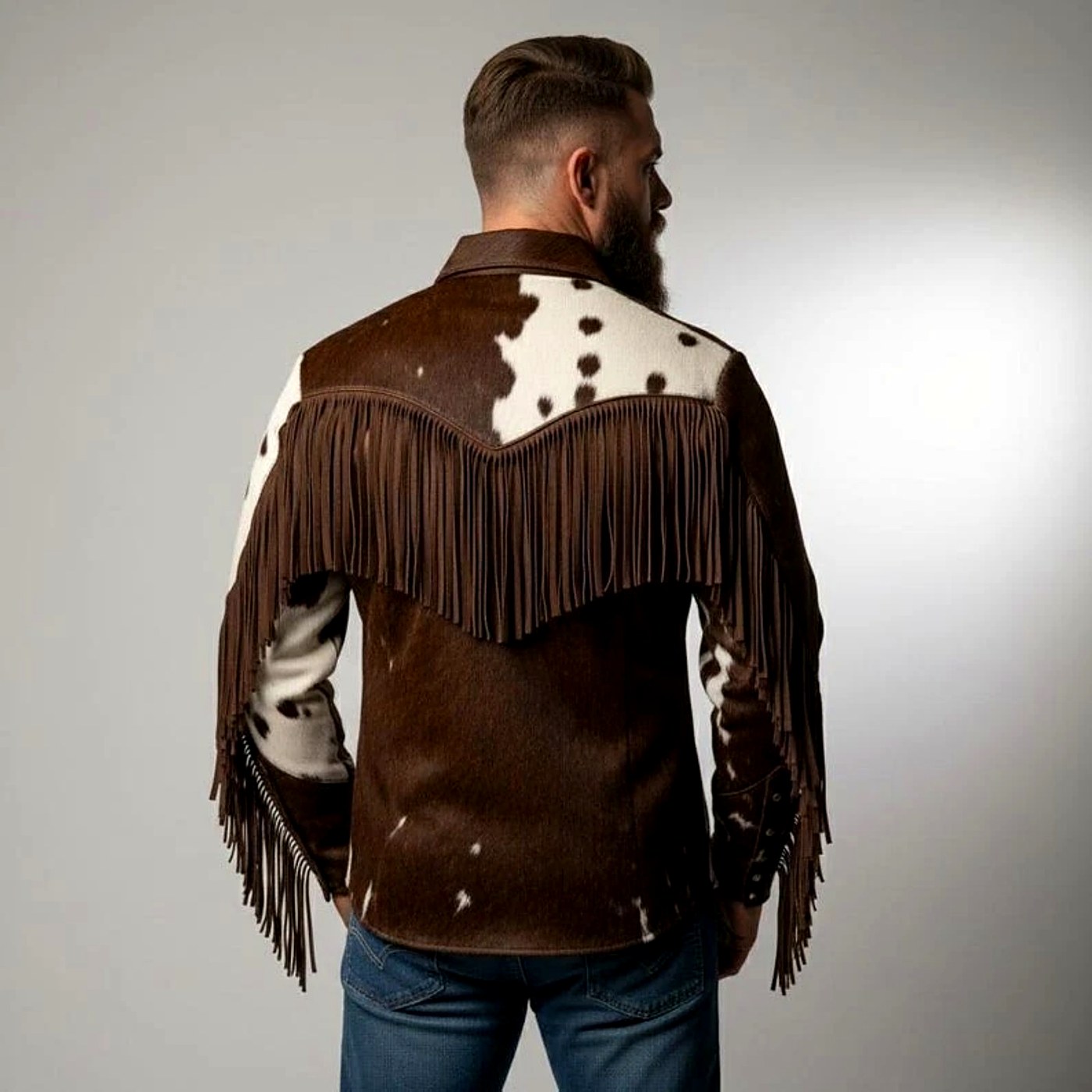 Men's Natural Hair Cowhide Fringe Leather Jacket view 4