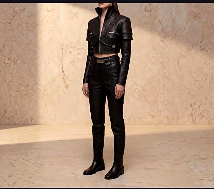 Black Leather Cropped Jacket and Pants Set – Biker Style view 2