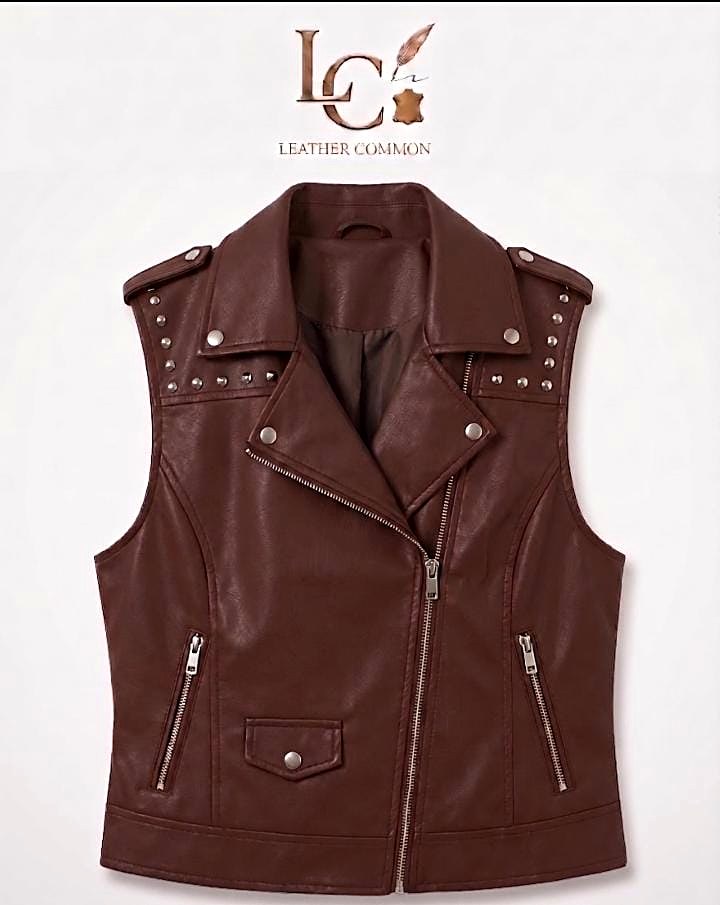 Women's Studded Leather Biker Vest | Slim Fit Moto Waistcoat view 2
