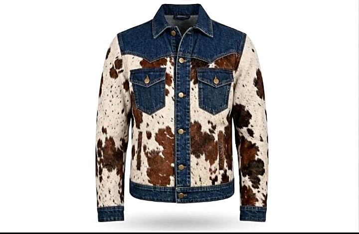 Men's Pony Hair Cowhide Jacket with Denim | Cowboy Western Coat — premium denim & cowhide in genuine leather