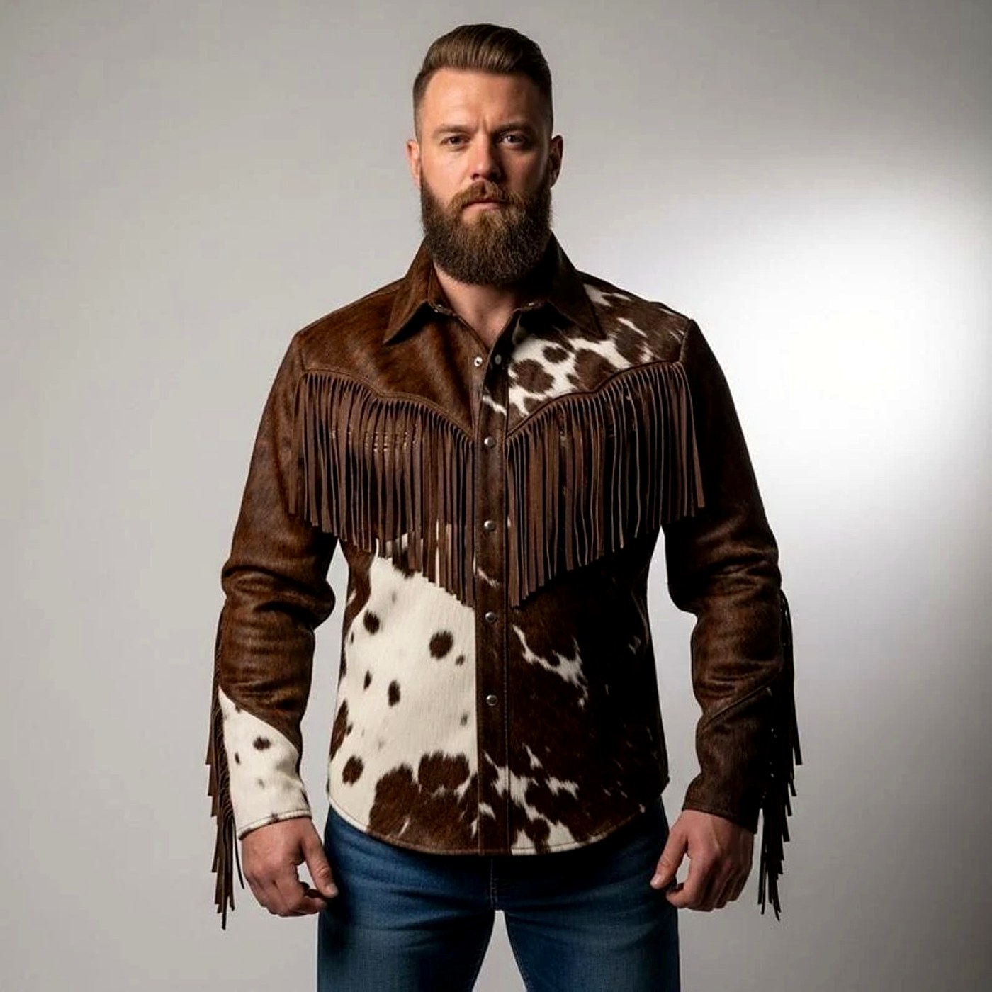 Men's Natural Hair Cowhide Fringe Leather Jacket — premium fringe in genuine leather